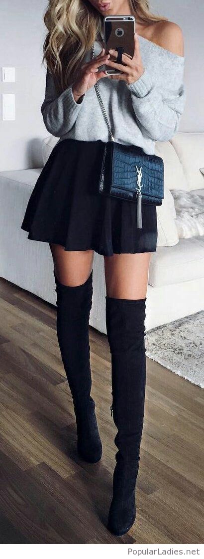 This image has an empty alt attribute; its file name is grey-blouse-mini-skirt-and-high-boots.jpg